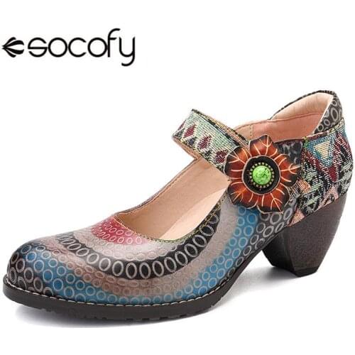 SOCOFY Retro Bohemian Floral Genuine Leather Splicing Circle Pattern Colorful Stripes Stitching Hook Loop Pumps For Spring New