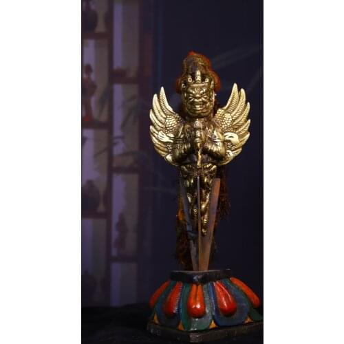 8" Tibet Buddhism Old Bronze Engraved Roc garuda statue Old magic weapon Base set Dorje Vajra Phurpa Town House Exorcism