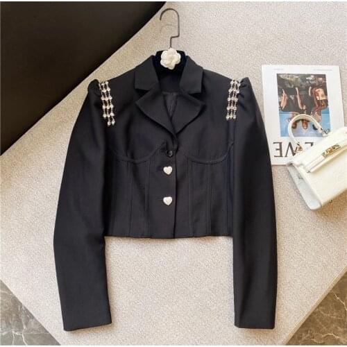 Rhinestone Suit Jacket Woman 2021 Autumn New Temperament Lady Chic Top Long Sleeve Coat Short Blazer Casaco Feminino Black