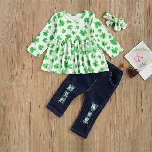 Kids Girls Clothing Clover Printed Long Sleeve Round Collar Flouncing Tops Jeans Party Street Suit Summer Spring Children Suit