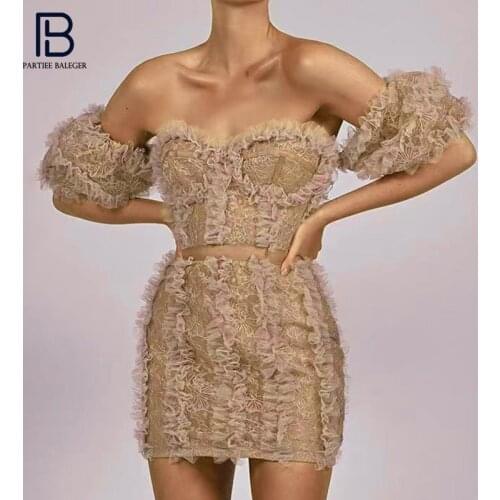PB Trendy Champagne Mini Dress Ruched Design Sexy Off Shoulder Celebrity Party Lace Vestido Free Shipping