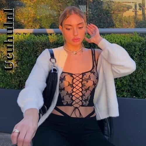 Ucuhulnl Goth Butterfly Embroidery Black Tank Vintage Gothic Sexy Lace Up Hollow Out Tanks Women Streetwear Sleeveless Crop Top