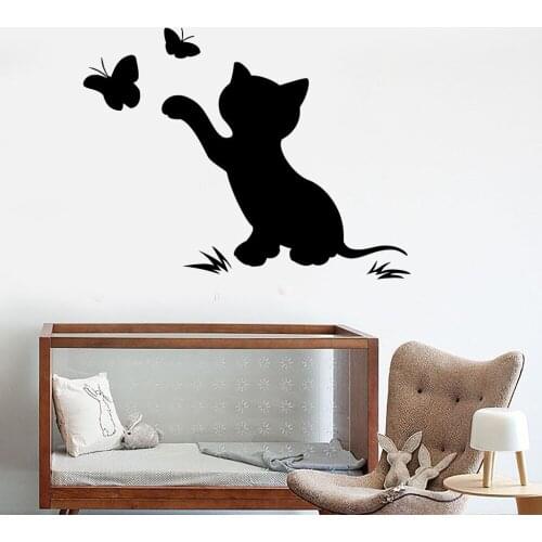 Cat Kitten Butterfly Vinyl Wall Stickers Nursery Child Room Sticker Decor Kids Room DIY Self-adhesive Wallpaper Mural SA226