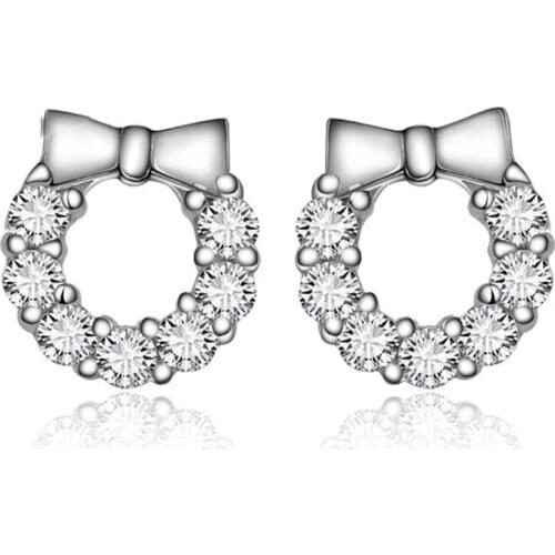 High Quality Hollow 925 Sterling Silver Bowknot Stud Earrings Cubic Zirconia Circle Earring for Women Wedding Jewelry