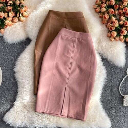 YornMona Sexy Package Hips Women Skirts Autumn High Waist Back Split Pu Leather Skirts Office Lady Pink Brown Work Wear Skirt