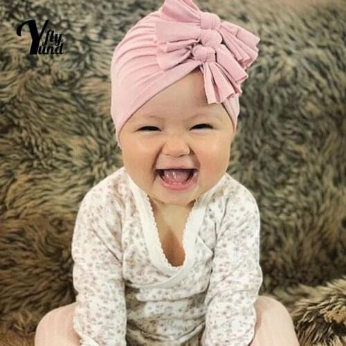 Yundfly Soft Comfortable Newborn Hats Solid Color Handmade Bowknot Infant Beanie Caps Kids Hair Accessories Photography Props