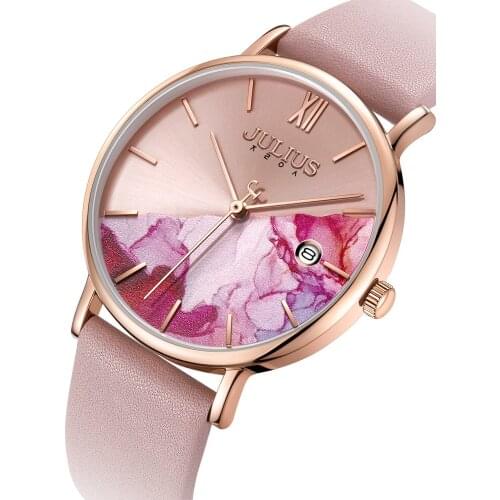 Auto Date Flower Julius Womens Watch Japan Mov't Hours Fashion Big Clock Real Leather Bracelet Girls Birthday Gift Box