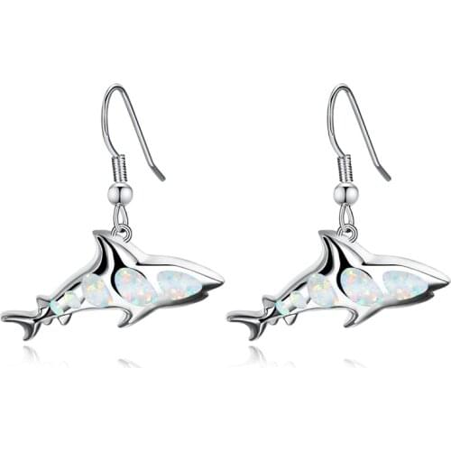Boho Female Shark Long Drop Earrings Charm Silver Color Dangle Earrings For Women Luxury White Opal Stone Wedding Earrings