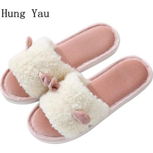 Women Slippers Flips Flops Winter Warm Shoes Cute Cartoon Cat Ear Fashion Home Slides Non-slip Flats Indoor Comfortable