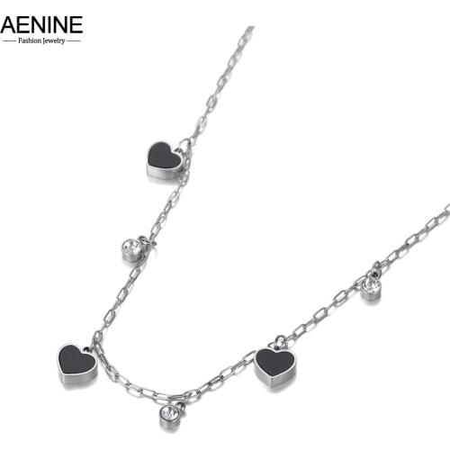 AENINE New CZ Crystal Heart Charm Pendant Necklace For Women Stainless Steel Bohemia Acrylic & Shell Choker Necklace AN20144