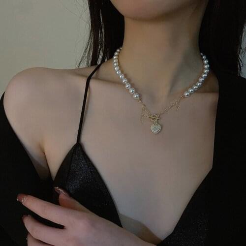Womens New Exquisite Heart Pearl Niche Luxury Aesthetic Retro Collarbone Chain Necklace Jewelry