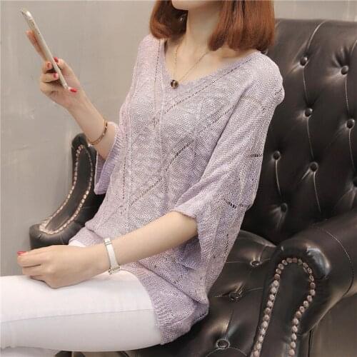 Knit female coat loose han edition hollow out put thin summer prevent bask in five points outside the sleeve blouse