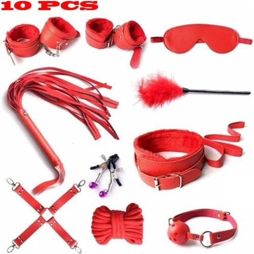 10pcs Sex Bondage Set Erotic Accessories PU Leather BDSM Adjustable Handcuffs Whip Rope Sex Toys for Couples Adult Games