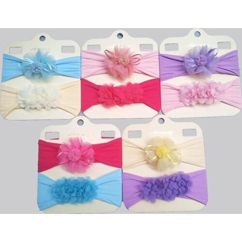 2pcs/set Toddler Soft Comfortable Elastic Nylon Hairband Solid Color Chiffon Flower Newborn Headband Kid Accessories Photo Props