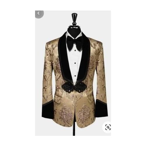 New Gold Pattern Men Suits With Black Pant Costume Homme Wedding Tuxedos Party Groom Prom Slim Fit Terno Masculino Blazer 2 Pcs