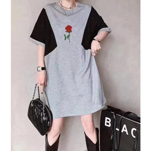 2021 Summer Woman Dress Plus Size Rose Printed Tshirtdress Short Sleeve O-Neck Casual Black Gray Patchwork Korean Midi Dresses