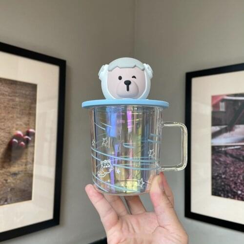 Astronaut Bear Colorful Glass with Space Bear Lid Coffee Family Collection Gift Limited Edition