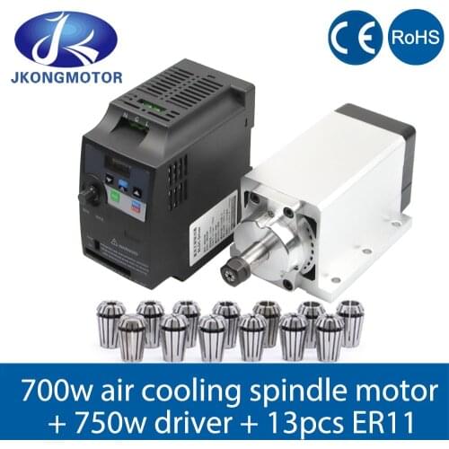 Jkongmotor CNC 0.7kw 220v/110v Square Air Cooling Spindle ER11 700W Air cooled Milling Spindle + 750W VFD Inverter + 13pcs ER11