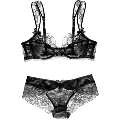 Fashion Sexy Transparent Lingerie Set Lace Brassiere Plus Size Embroidery Women Underwear Purple Ladies Bra and Panties