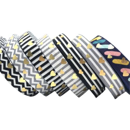 Chevron Stripe Love heart Print Fold Over Elastic FOE Ribbon Diy Sewing Bows New year Party Decoration Gift Wrap 10 yards 16mm