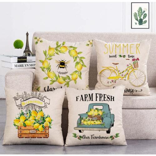 Summer sweet time Lemon bee print Cushion Cover Linen Throw Pillow Car Home Decoration Decorative Pillowcase T387