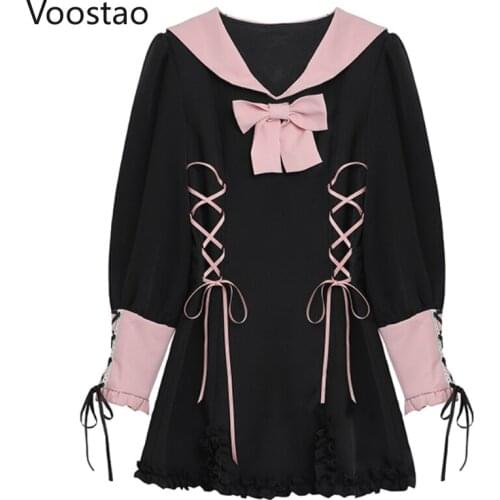 Spring Autumn Gothic Lolita Style Mini Dress Women Elegant Sweet Bow Waist Lace-Up Slim Party Dresses Girly Harajuku Punk Dress