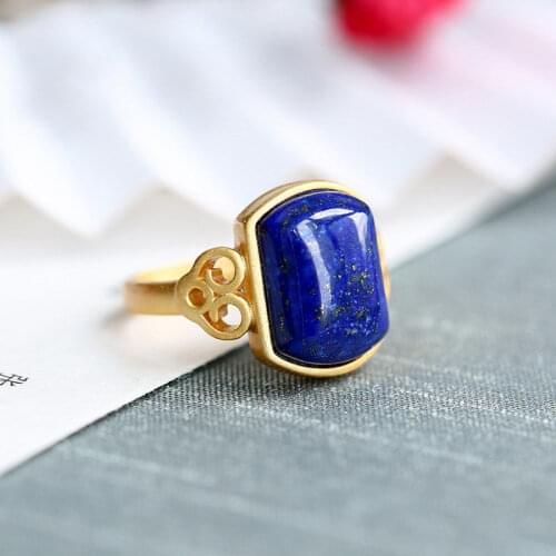 Original S925 Sterling Silver Natural Hetian Jade Lapis Lazuli Open Ruyi Ring Handmade Ancient Gold Ring Ornament for Women