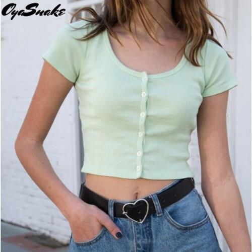 Oyasnake New Womens Casual U-Neck Single Button Cardigan Tee 2021 Fashion Short Sleeve T-Shirt Slim Girls Tops
