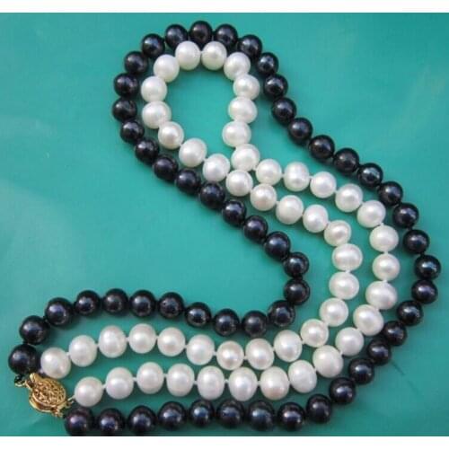 2 rows AAA 9-10MM SOUTH SEA NATURAL WHITE BLACK PEARL NECKLACE 18" K GOLD