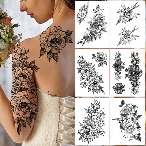 Sexy Glory Peony Temporary Tattoo For Women Girls Orchid Lace Rose Flower Tattoos Sticker Fake Blossom Black Tatoos Back Armband