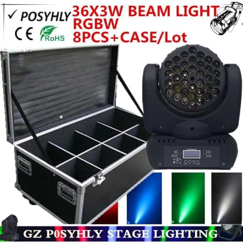 8pcs / 36X3W moving head beam light + flight case RGBW dmx512 control led spotlights professional dj equipment
