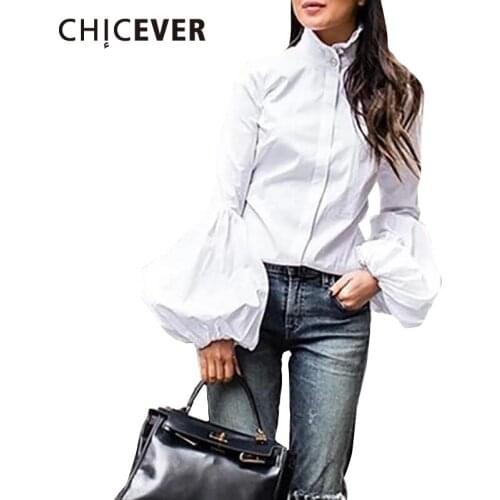 CHICEVER Straight White Shirt For Women Stand Collar Flare Long Sleeve Patchwork Ruched Minimalist Solid Blouses Female 2021 New