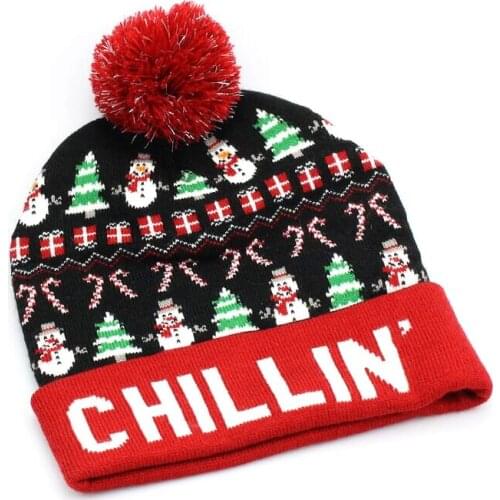 Warm Xmas Skullies for Women Men Girls Letters Colorful Christmas Pattern Red Beanie Knit Pompom Winter Hat