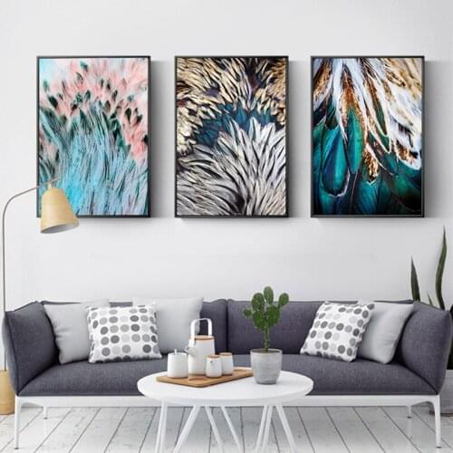 Modern Luxury Wall Art Canvas Painting Picture Abstract Golden Green Pink Feathers Poster and Print Aisle Living Room Home Decor