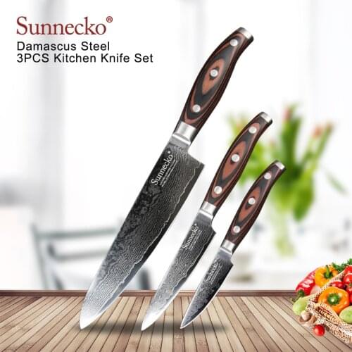 SUNNECKO 3PCS Kitchen Utility Paring Chef Knife Set 73 Layer Damascus VG10 Steel Sharp Pakka Wood Cutting Tool Handle X-mas Gift
