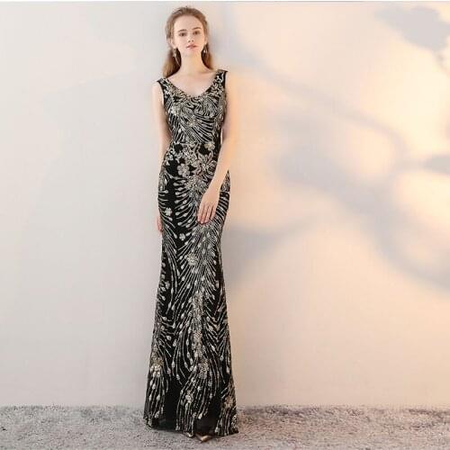 Splendid V-neck Evening Dresses Floor Length Mermaid Style Evening Party Dresses Sparkle Sequins Noble Vestido De Noite Longo