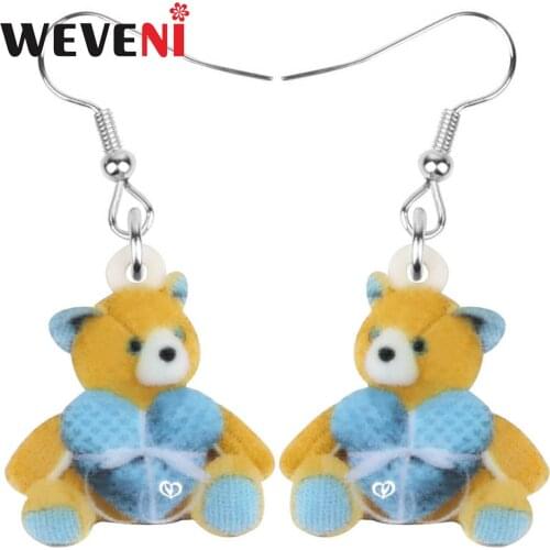 WEVENI Acrylic Heart Doll Plush Bear Earrings Sitting Lovely Toy Animal Dangle Drop Jewelry For Women Girl Party Gift Accessory