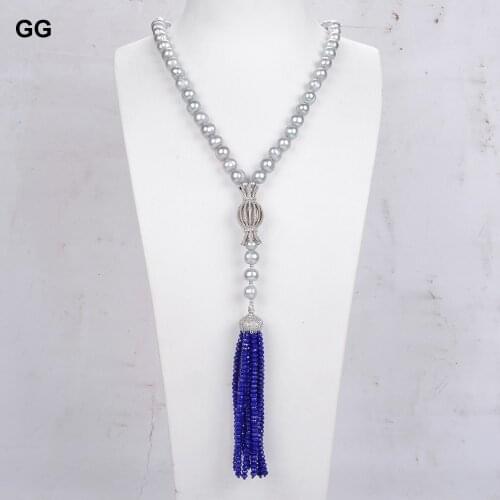GuaiGuai Jewelry 22" Natural Gray Pearl Blue Jade Gems Stone Necklace CZ Pendant