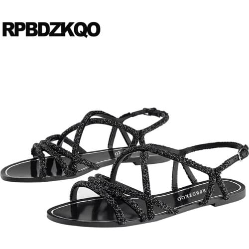 2019 large size diamond flat slingback black shoes designer women crystal roman open toe rhinestone gladiator sandals summer big