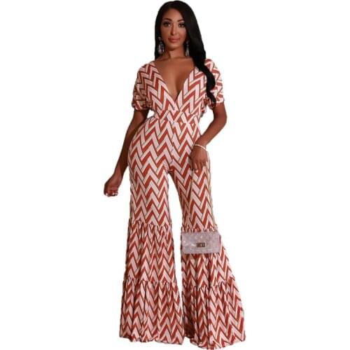 2020 New Spring Summer Women Loose Jumpsuits Deep V-Neck Short Sleeve Print Rompers Sexy Night Club One Piece Outfits GL8538
