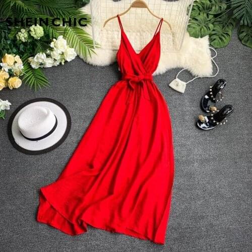 Runway Women 2020 Summer Dress Vintage Red White Black V Neck Sashes Dress Sleeveless Spaghetti Strap A Line Dress Vestido