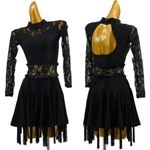 Sexy Latin Dance Dress Ladies Perform Clothing Lace Fringe Dress Tassels Skirts Women Girls Wedding Party Prom Black Dress 1584
