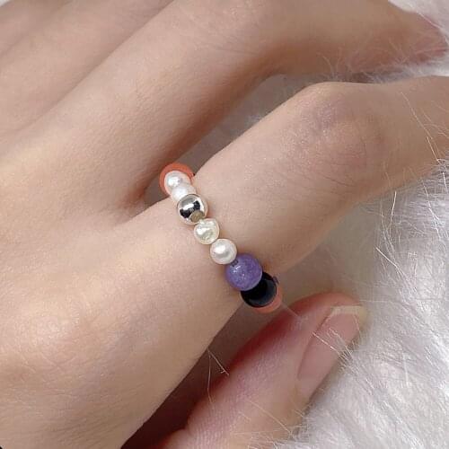 Natural Pearl Rings Women Handmade Aesthetic Purple Black Stones Silver Plated Jewelry Gift for Girlfriend Accessories Teen Girl