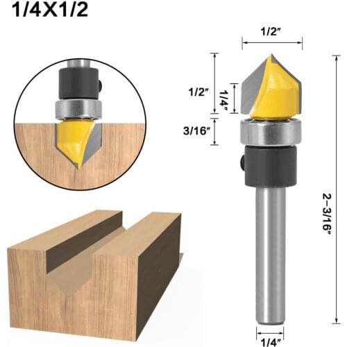 90 Degree V Groove Router Bit 6.35mm 1/4" Shank with Bearing Woodworking Milling Cutter