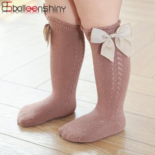 Balleenshiny Summer Mesh Baby Socks Cute Bows Hollow Kids Girl Knee High Socks Breathable Solid Color Soft Infant Toddler Socks