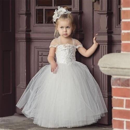 Flower Girl Dresses Lace Appliques Sleeveless Fluffy Tulle Ball Gown Floor Length First Holy Communion Pageant Party Dresses
