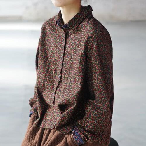 FairyNatural 2021 Autumn Spring Print Flower Loose Blouses Tops Retro Ladies Cotton Female Turn Down Collar Casual Shirts