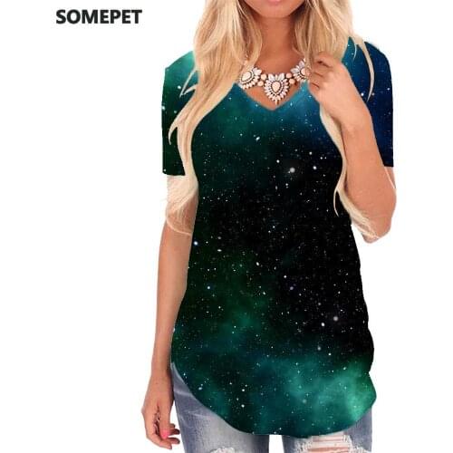 SOMEPET Galaxy T Shirt Women Space Tshirts Printed Universe Shirt Print Nebula V-neck Tshirt Womens Clothing Hip hop Cool