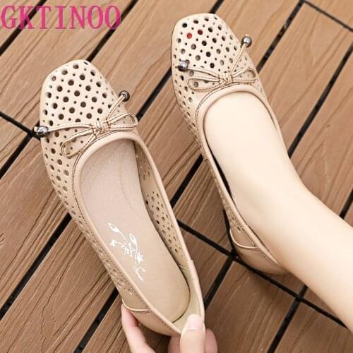 GKTINOO Genuine Leather Summer Shoes Woman Breathable 2021 Flat Low Heel Bowknot Hollow Out Leather Slip On Shoes For Women Soft