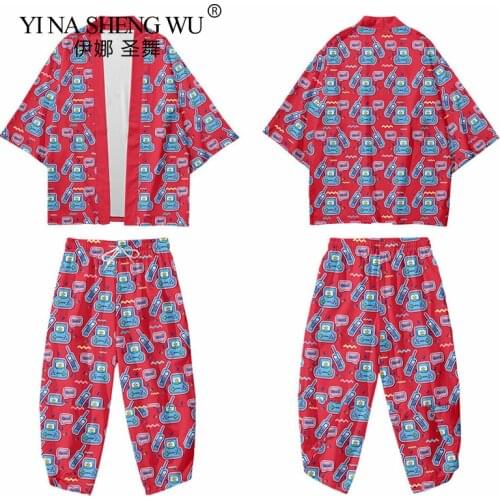 Printed Japanese Kimono Men Clothing Haori Shirt National Style Trousers Summer Male Two-Piece Costume Yukata Suit Cardigan Coat